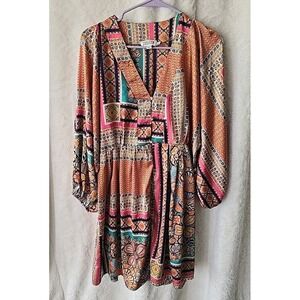 Molly Bracken Kimono‎ Style Colorful Dress Women's Size L With Waist Tie Boho